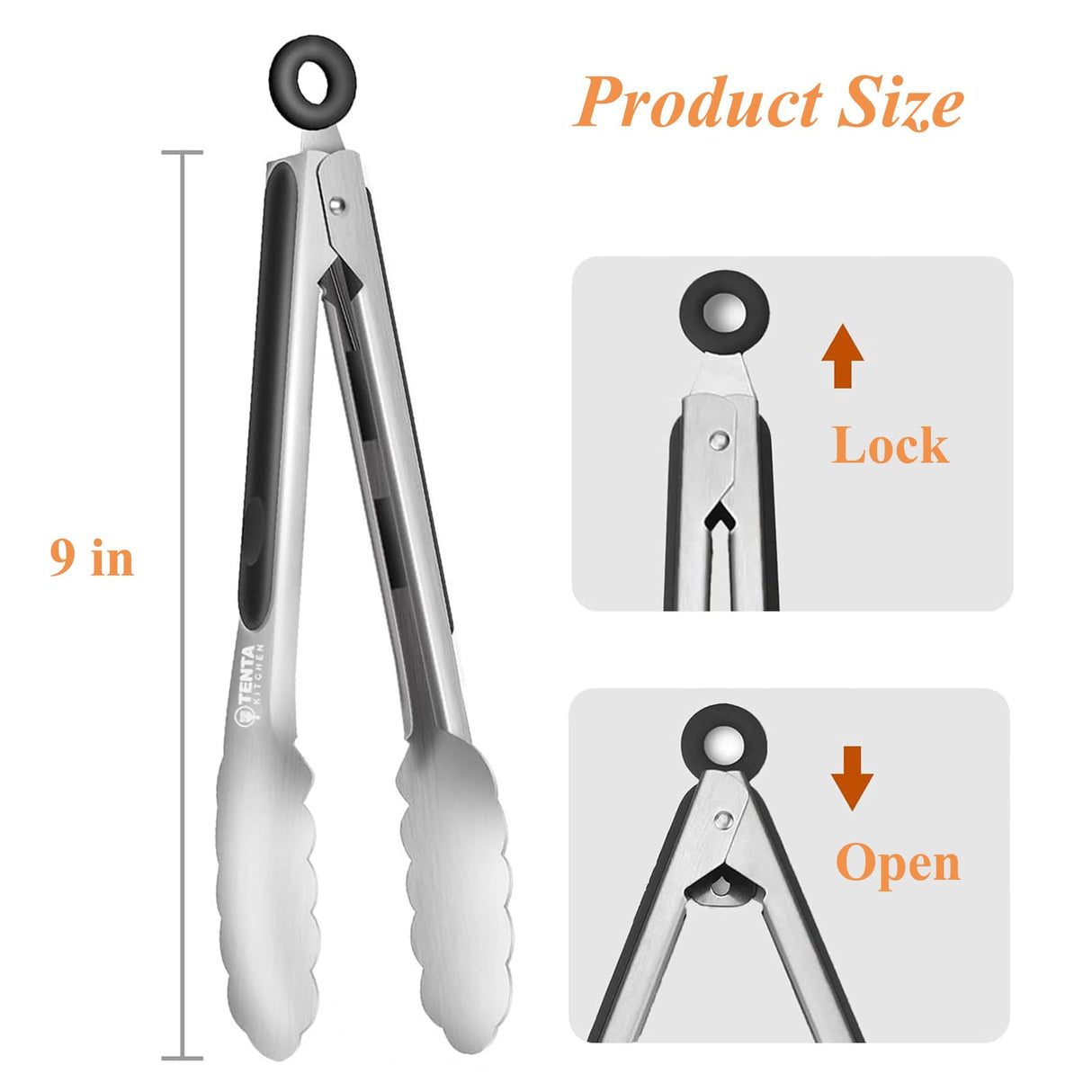 Tongs for Cooking, 9-Inch Stainless Steel Kitchen Tongs, Locking Metal Food Tongs with Silicone Non-Slip Grip, Kitchen Utensils Tongs for Food, Salad and Outdoor BBQ (Set of 4) TENTA KITCHEN