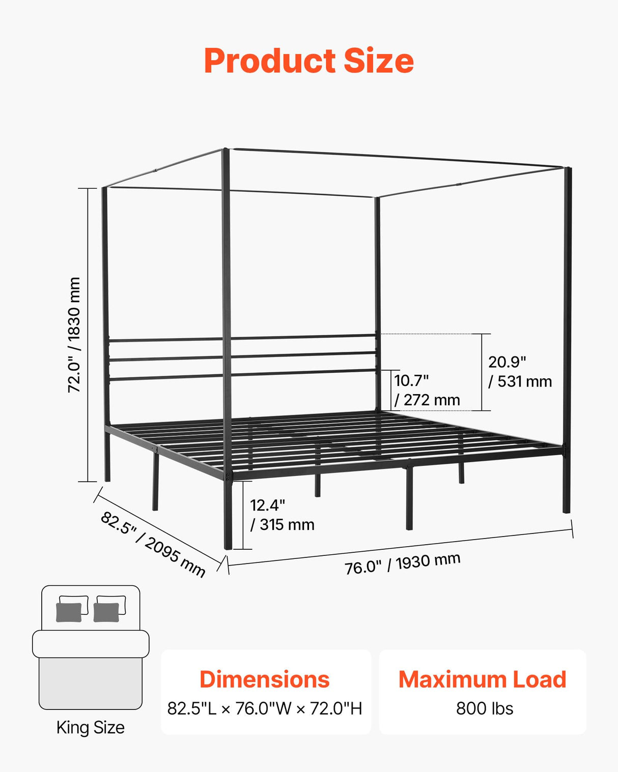 VEVOR Canopy Bed Frame King Size, Metal Canopy Bed with Four Posters Design, Heavy Duty Steel Slats Support, Underbed Storage Space, No Box Spring Needed, Easy Assembly, Black VEVOR