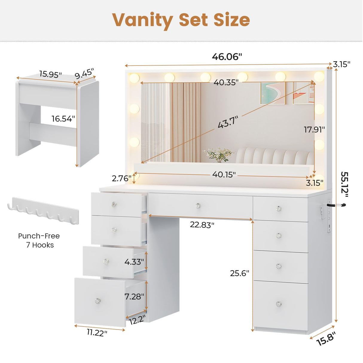 Hasuit Makeup Vanity Desk with Large Lighted Mirror and 9 Drawers, Large Vanity Desk with Storage Rack, Hook, Crystal Handle, White Bedroom Vanity Table Set with Charging Station, Lights Adjustable Hasuit