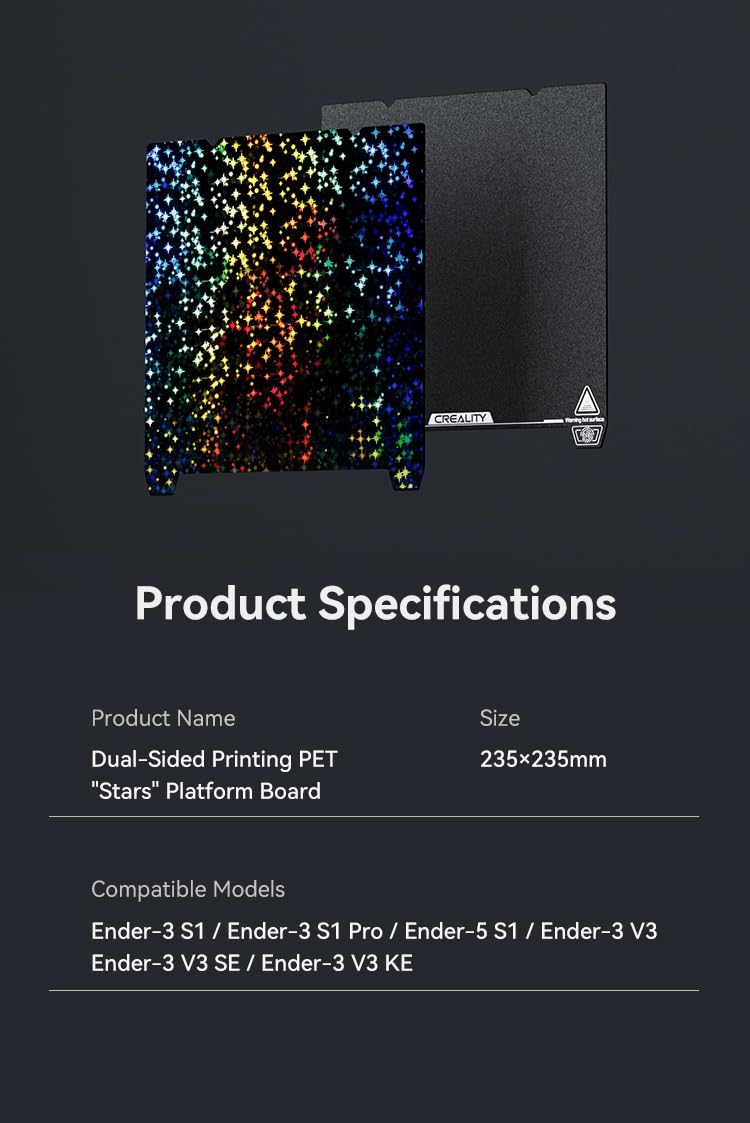 Creality Double-sided Printing “Stars” Platform 235*235mm (Glossy PET + Coated PEI), Without soft magnetic sticker, 3D Printer Platform for K1/Ender-3 V3/SE/KE/S1/3 S1Pro/3/3 Pro/3S/3V2/5/5S/5Pro Lokkr