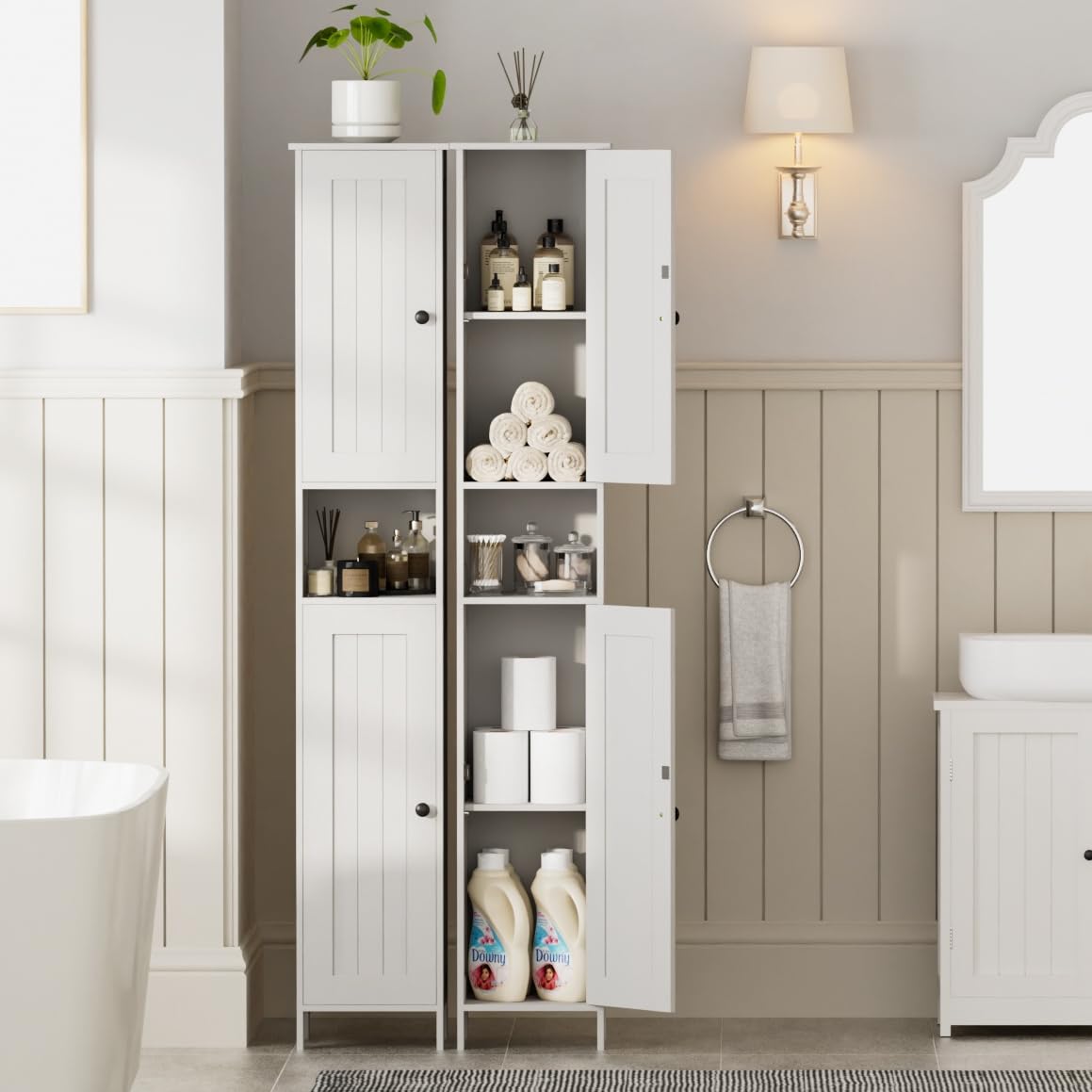 Homleke Tall Bathroom Storage Cabinet with 2 Doors, 67"H Narrow Storage Cabinet with Adjustable Shelves& Anti-Tip Design, Reversible Door Installation, Easy Assembly, 11.8 x 11.8 x 66.9 Inches, White Homleke