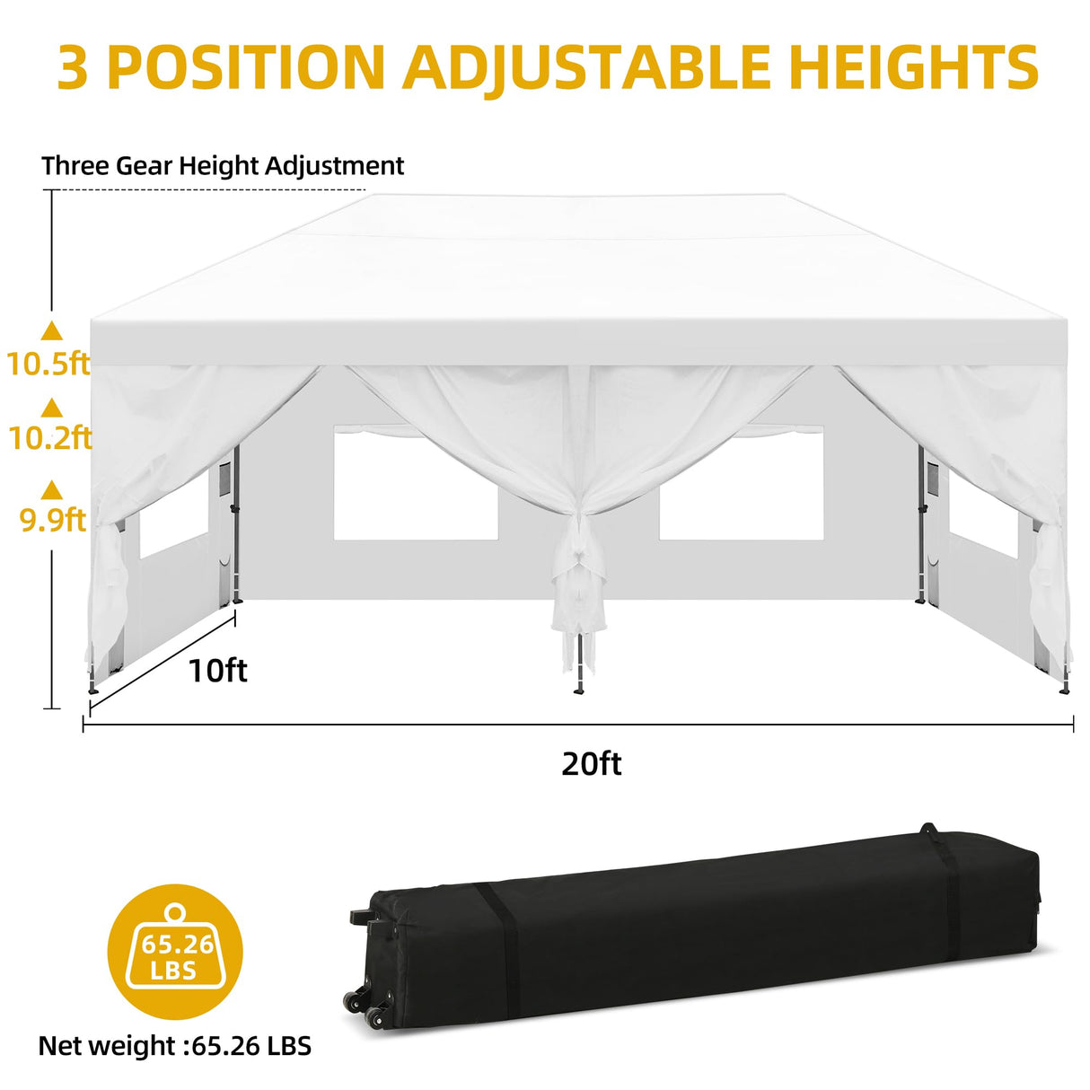 DWVO 10x20 Pop Up Heavy Duty Canopy Tent with 6 sidewalls, Roller Bag, 4 Ropes & 12 Stakes, 4 DIY Banners & 6 Sandbags for Patio, Party, Exhibition, Commerce (White) DWVO