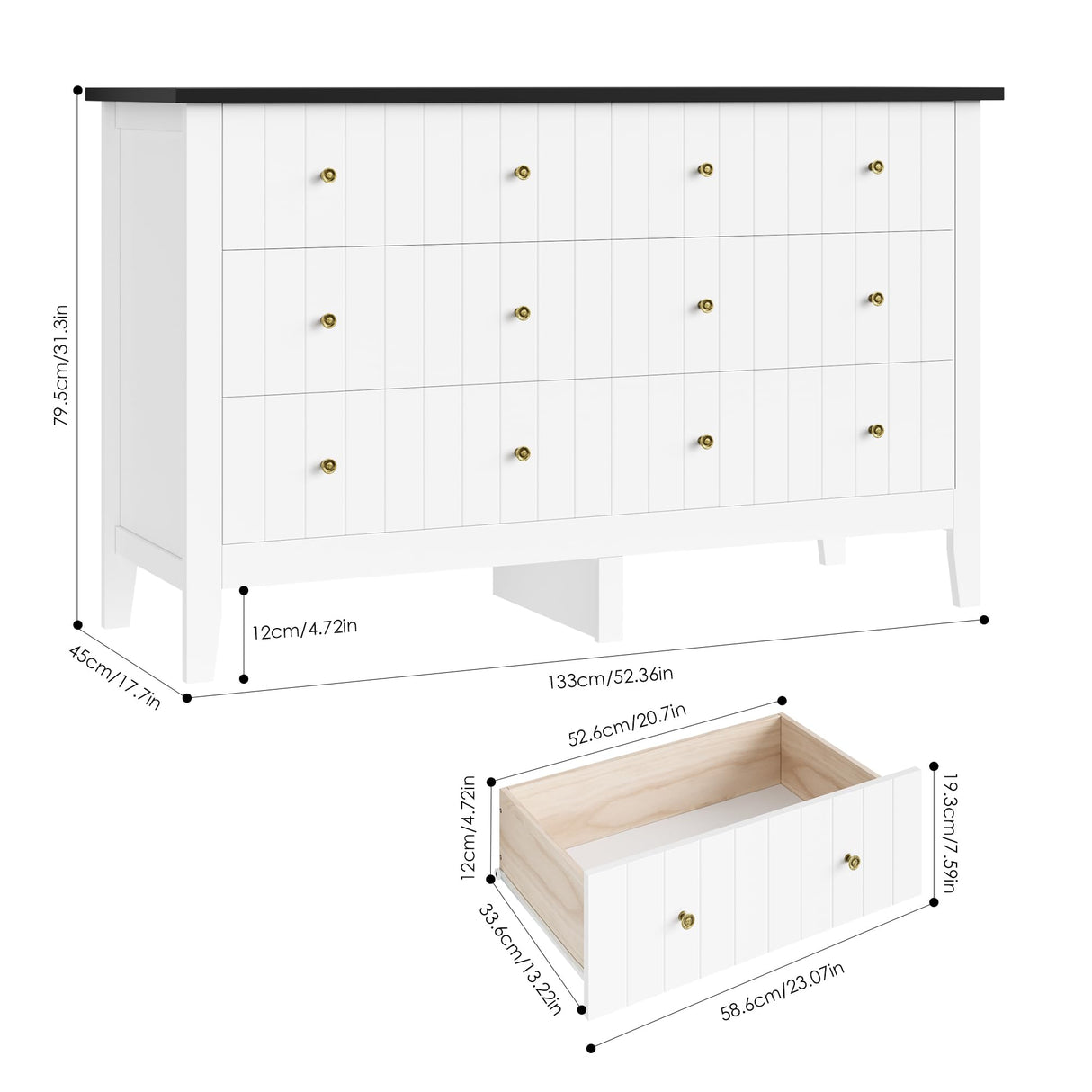 FOTOSOK White Dresser, Chest of Drawers, Modern 6 Drawer Double Dresser with Deep Drawers, Nursery Dresser for Baby, Wide Storage Organizer Cabinet for Living Room, Hallway,White&Black FOTOSOK