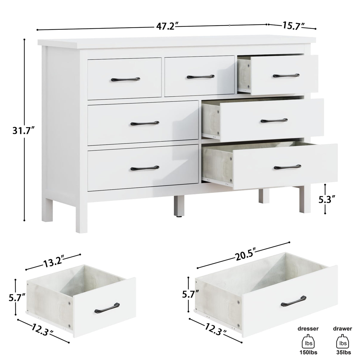 Tradare White Dresser for Bedroom with 7 Drawer,Wooden Double Dresser with Metal Handles, Wide Chest of Organizer Storage Drawers for Living Room, Hallway, Entryway Tradare