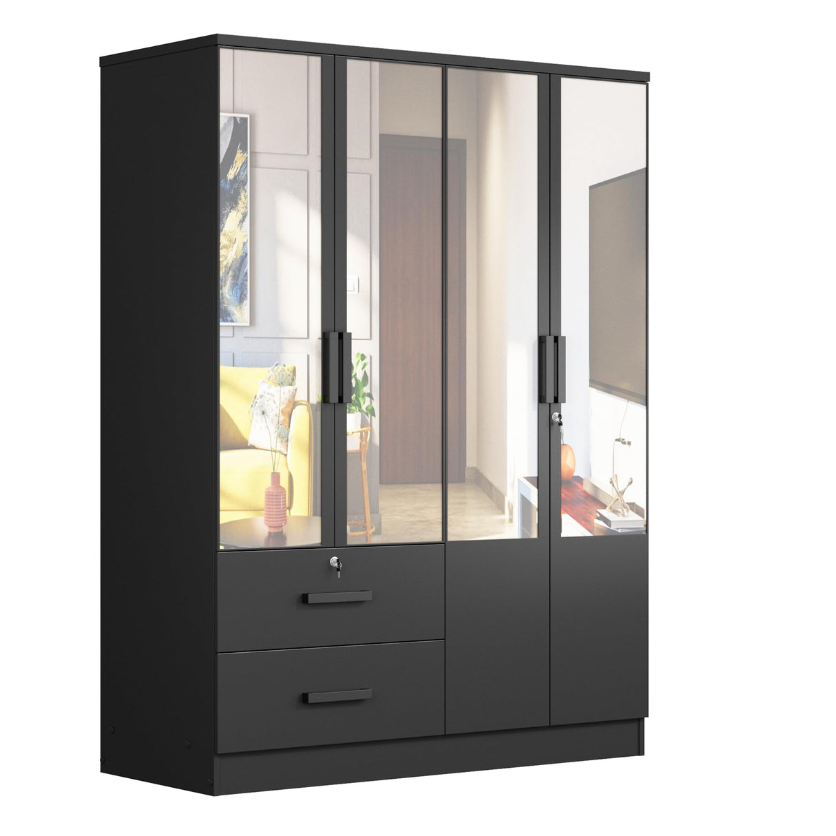 Woodpeckers Furniture And Mattress 4 Mirrored Doors Wardrobe 2 Drawers with Shelves 72 high (4 Mirrors, Black) Woodpeckers Furniture And Mattress