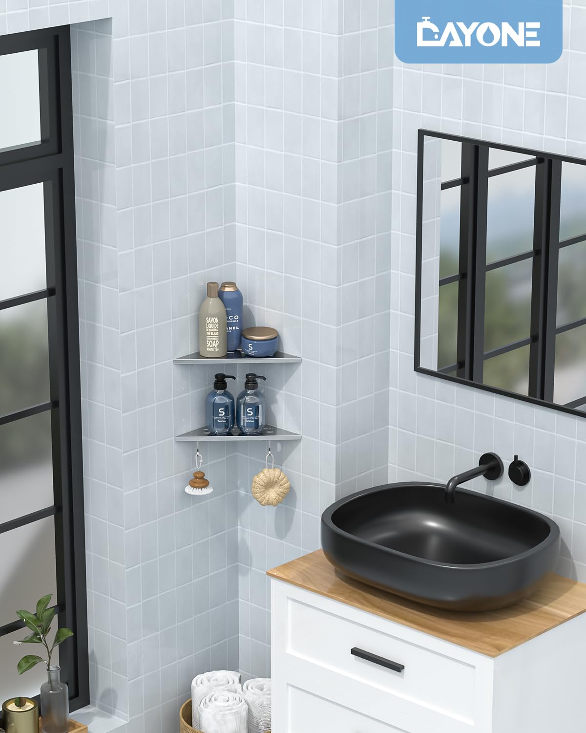 DAYONE 2 Pack Corner Shower Shelves 10", Chrome 304 Stainless Steel Recessed Bathroom Shelf with Razor Holding Hole and 2 Hools, for Tiled Wall No Drilling Needed DAYONE