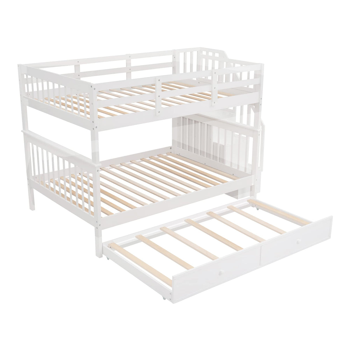 Harper & Bright Designs Full Over Full Bunk Beds with Twin Size Trundle and Stairs, Wood Bunk Bed with Storage Shelves and Guard Rail, Full Size Bunk Bed Frame for Kids, Teens, Adults (Full, White) Harper & Bright Designs