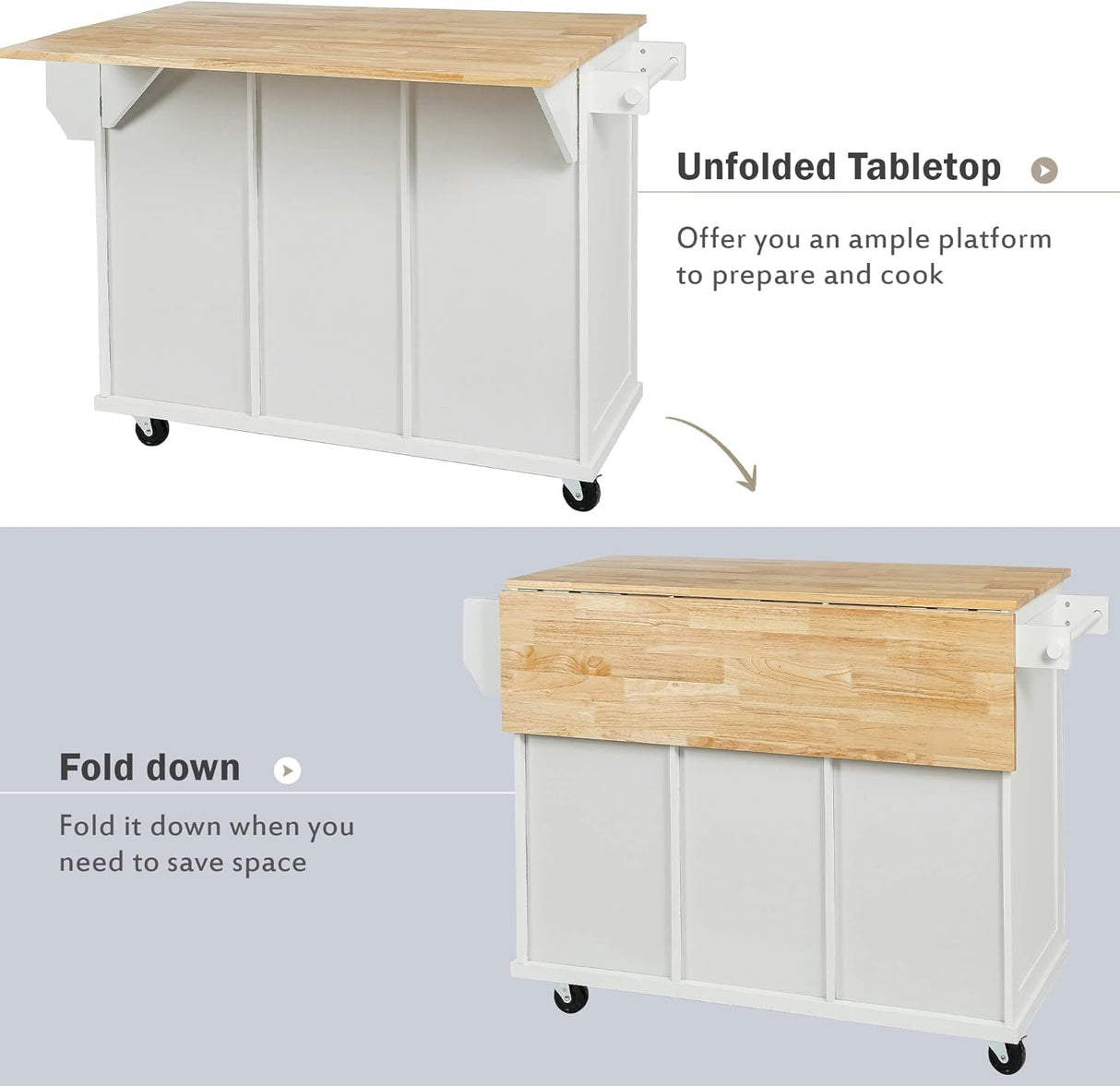 Kitchen Cart with Rubber Wood Drop, Leaf Countertop, Kitchen Island on 5 Wheels with Storage Cabinet and 3 Drawers for Dinning Room (White-53.1IN) WoodArtSupply