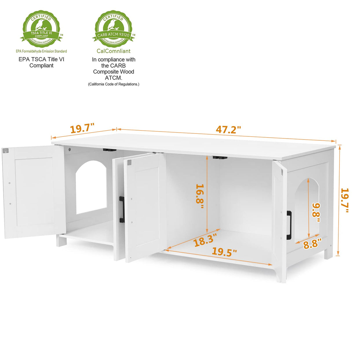 Homhedy Cat Litter Box Enclosure For 2 cats, Litter Box Furniture Hidden with Double Room,Wooden Cat Washroom Furniture,Cat House,47.2”L x 19.7”W x 19.7”H,White Homhedy