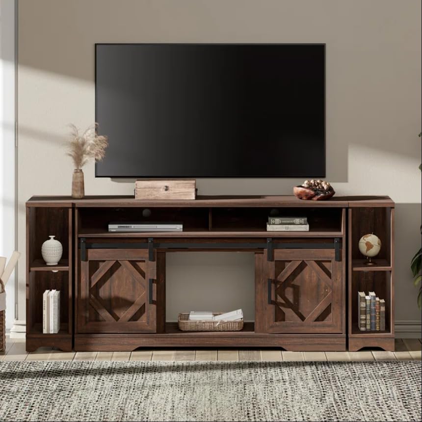 WAMPAT Farmhouse 85 in TV Stand, Entertainment Center with Sliding Barn Doors and 2 Open Storage Shelves for Living Room,Rustic Brown WAMPAT