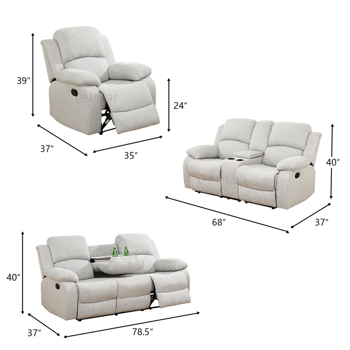 Dekmxas Living Room Furniture Sets 2PCS Fabric Recliner Sofa Set Modern Loveseat Couch Set Manual Reclining Sofa Set with Cup Holders/Storage Console for Living Room/Rv Car (Grey White, Sofa+Loveseat) Dekmxas
