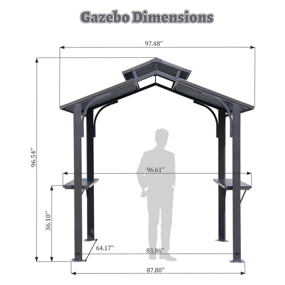 SHPAI 8x5FT Hardtop Grill Gazebo, All-Weather Outdoor Gazebo with 2 Side Shelves and Ceiling Hook, Galvanized Steel Double Roof, Outdoor Metal Grill Canopy for Patio, Backyard, Lawn, Deck – Grey SHPAI