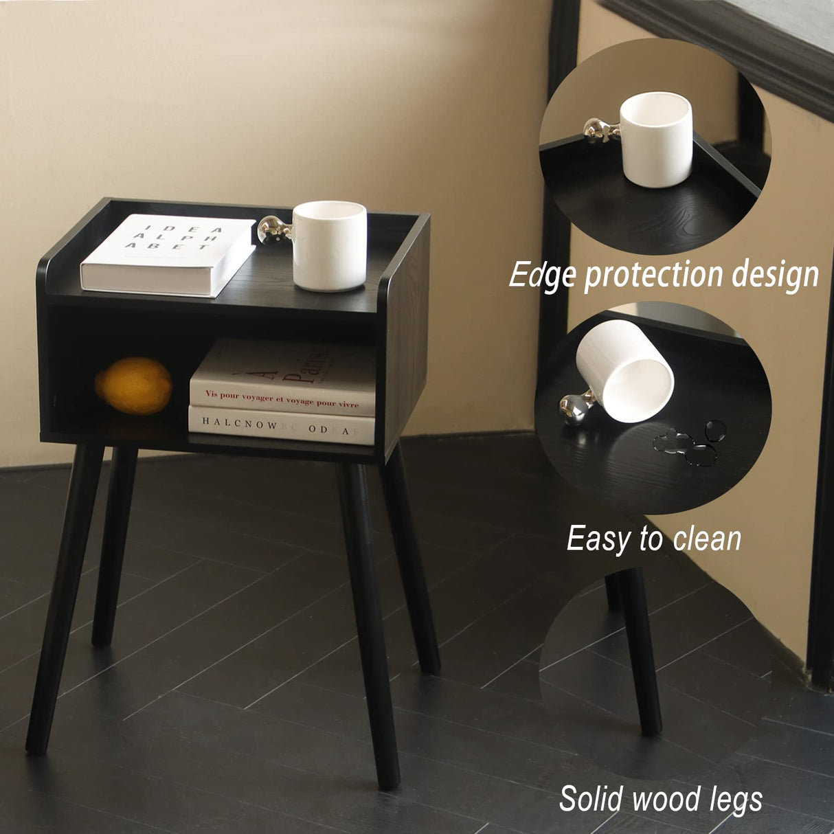 MaxSmeo Nightstand, Mid Century Modern Side Table Bedroom with Storage, Small End Bedside Table with Solid Wood Legs for Living Room, Office Small Spaces (Black) MaxSmeo