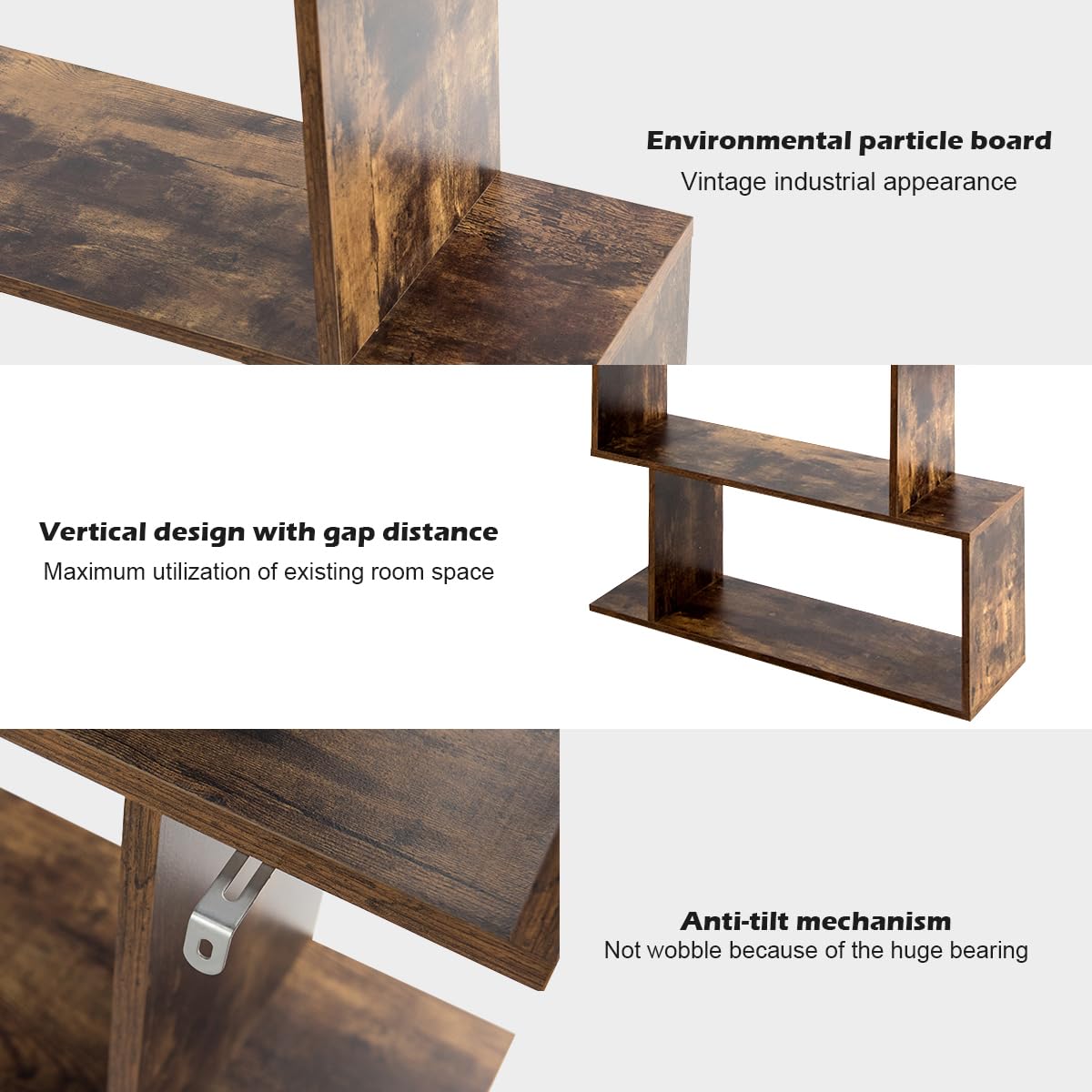 Tangkula 6-Tier Geometric Bookcase, Modern S-Shaped Storage Display Bookshelf for Living Room, Anti-Toppling Device, Home Office Wooden 6 Shelf Open Bookcase (2, Coffee) Tangkula