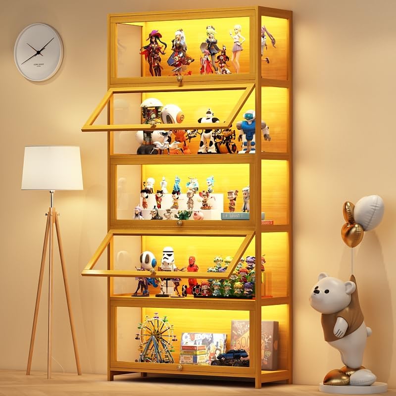 5-Tier Display Cabinet with Acrylic Doors, 67.5" Transparent Curio Display Case for Figures, Collectibles Toy Organizers Rack & Display Shelf, Kids Bookcase for Home, Office, Playroom, Living Room IHGSSKD