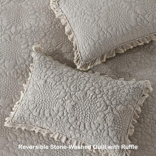 HORIMOTE HOME Beige Ruffled Quilt King Size, Stone-Washed Microfiber Lightweight Crinkled Farmhouse Rustic Shabby Chic Bedding Set, 3 Pieces Reversible Bedspread with Pillow Shams for All Season HORIMOTE HOME