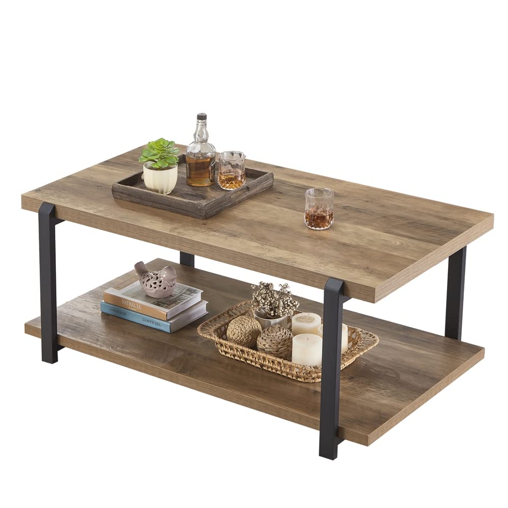 FOLUBAN Industrial Coffee Table with shelf, Wood and Metal Rustic Cocktail Table for Living Room, Oak FOLUBAN