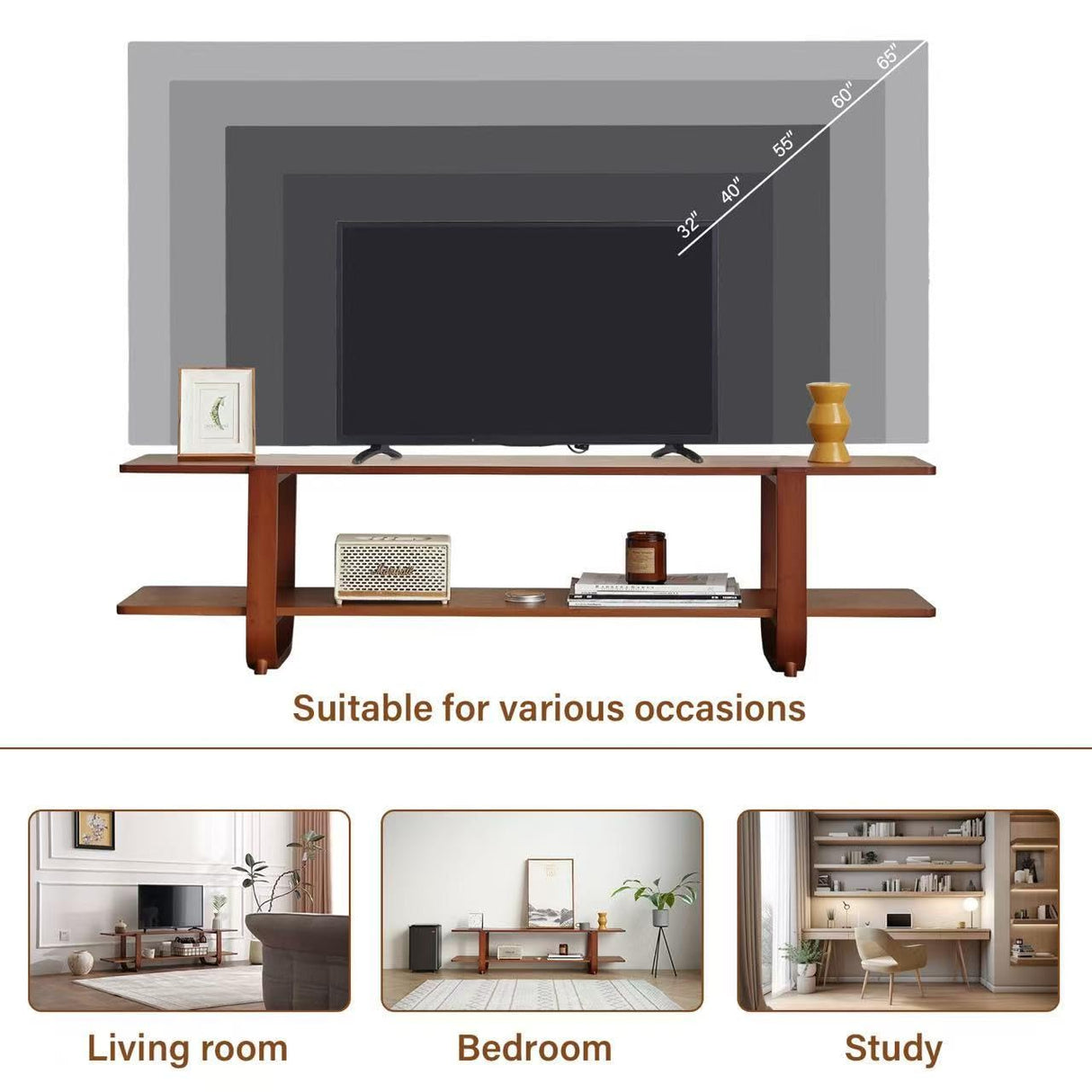 Welnow Bamboo TV Stand for Up to 65 Inch, Mid Century Modern Entertainment Center with 2-Tier Open Shelves, Storage Media Console Table for Living Room, Bedroom, Walnut Welnow