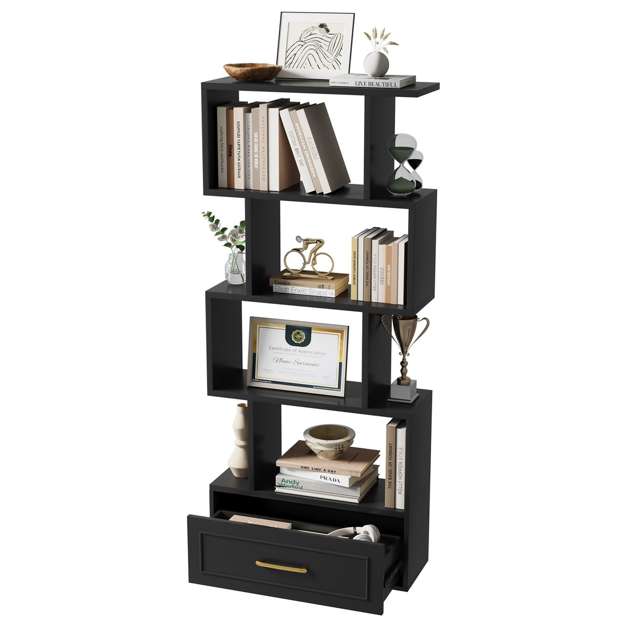 Geometric Bookshelf, 59” Tall S Shaped Bookshelf with Drawer, 5 Tier Bookshelf with Anti-Tipping Device, Wood Geometric Open Storage Display Shelf for Living Room,Study Room,Office,Bedroom(Black) HOTLUU