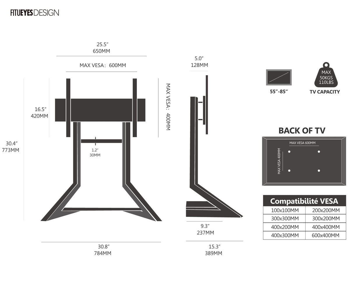 FITUEYES DESIGN Universal Tabletop TV Stand for 55-86 inch TV LCD LED, Modern TV Stand Height Adjustable with Wooden Base, Eiffel Series TV Mount Stand FITUEYES