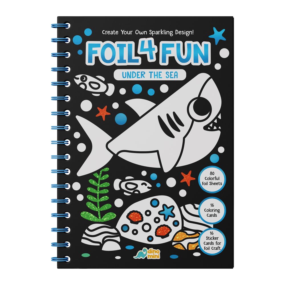 DINO MINI Foil4Fun - Foil Art for Kids - Craft Kits for Kids Ages 4-8 - Includes 16 Foil Art Pages and 16 Coloring Pages - Screen Free Birthday Gifts - Airplane and Travel Activities (Under The Sea) DINO MINI
