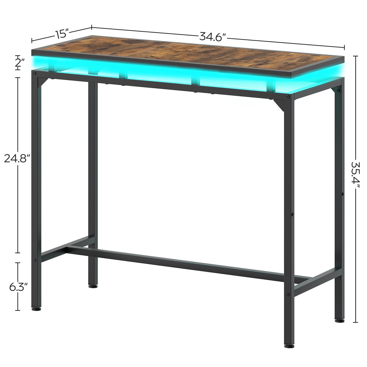 YATINEY Bar Table with LED Lights, Counter Height Table, Bar Height Table, Pub Table, Gaming Table, Metal Frame, for Living Room, Dining Room, Pub, Rustic Brown and Black BT01DBR YATINEY