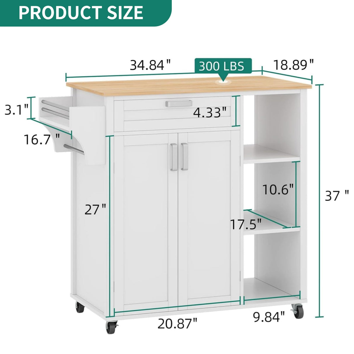 YITAHOME 37" Rolling Kitchen Island Cart with Storage, Butcher Block Island on Wheels, Mobile Kitchen Storage Carts with Shelves & Spice, White YITAHOME