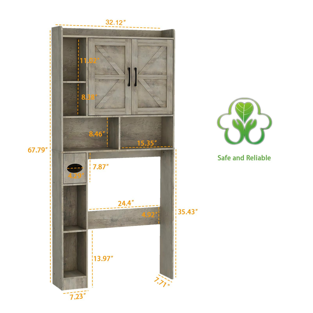 Vabches Grey Farmhouse Over The Toilet Storage Cabinet with Barn Doors and Toilet Paper Holder Vabches