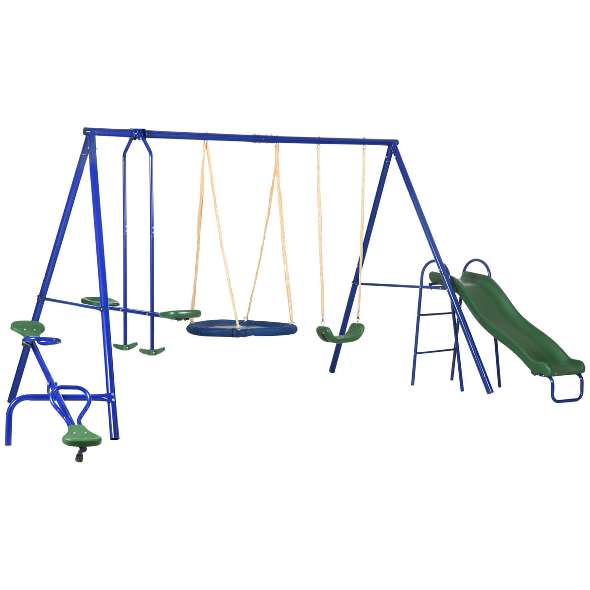 Outsunny 693 lbs Swing Set for Backyard, 5 in 1 Heavy-Duty A-Frame Stand Outdoor Playset for Kids, with Saucer Swing, Slide, Seesaw, Glider, Swing Seat Outsunny