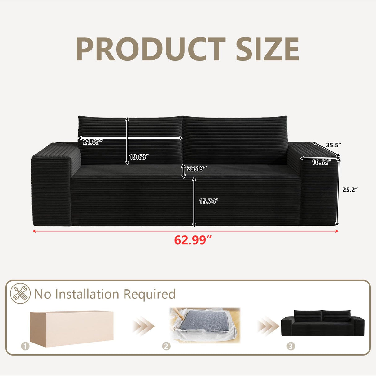 HZANHY 63" Loveseat Sofa, Boneless Loveseats for Living Room, No Assembly Required Corduroy Love Seat for Small Spaces, Bedroom, Apartment, Office, Black HZANHY