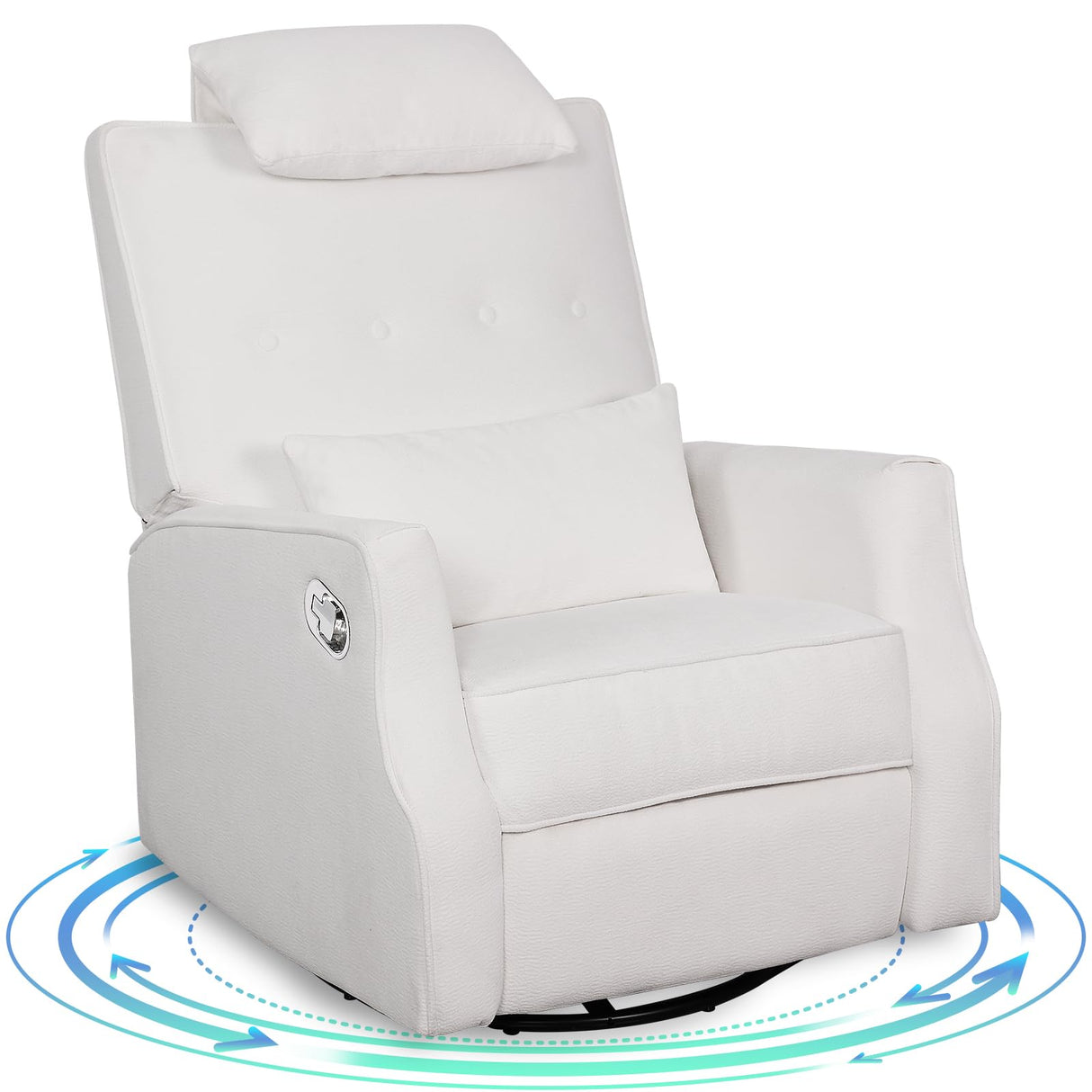 DIFYHOMEY Nursery Swivel Glider Recliner Chair Chenille Upholstered Accent Glider Rocker Recliner with Headrest and Lumbar Support Pillow for Nursery Living Room Bedroom (White) DIFYHOMEY