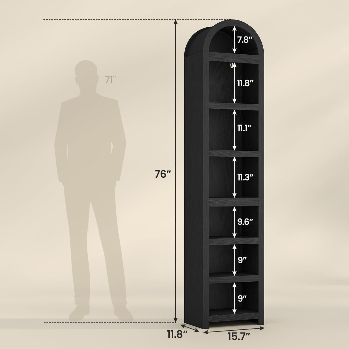 UPOSOJA 76" Tall Narrow Arched Bookcase,7-Teir Mid-Century Modern Bookshelf,Adjustable Shelves offering More Storage Space for Living Room,Kitchen,Home Office,Black UPOSOJA