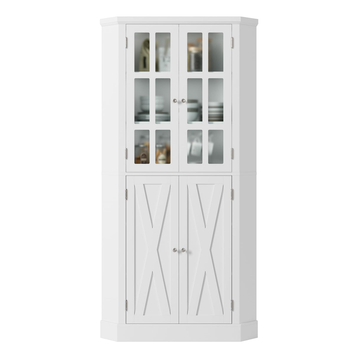 BOTLOG 67" Corner Cabinet, Tall Corner Storage Cabinet with 4 Doors, Corner Cabinet with Spacious Top, Curved Profile Design, Space Saver for Bathroom, Living Room, Kitchen, Modern White BOTLOG