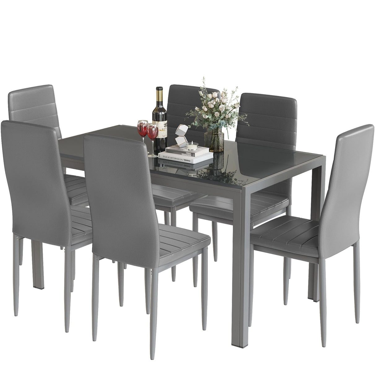 DKLGG 7-Piece Dining Table Set for 6, Tempered Glass Kitchen Table with PU Leather Chairs, Modern Dining Room Table Set for Small Space, Dinette, Apartment, Grey DKLGG