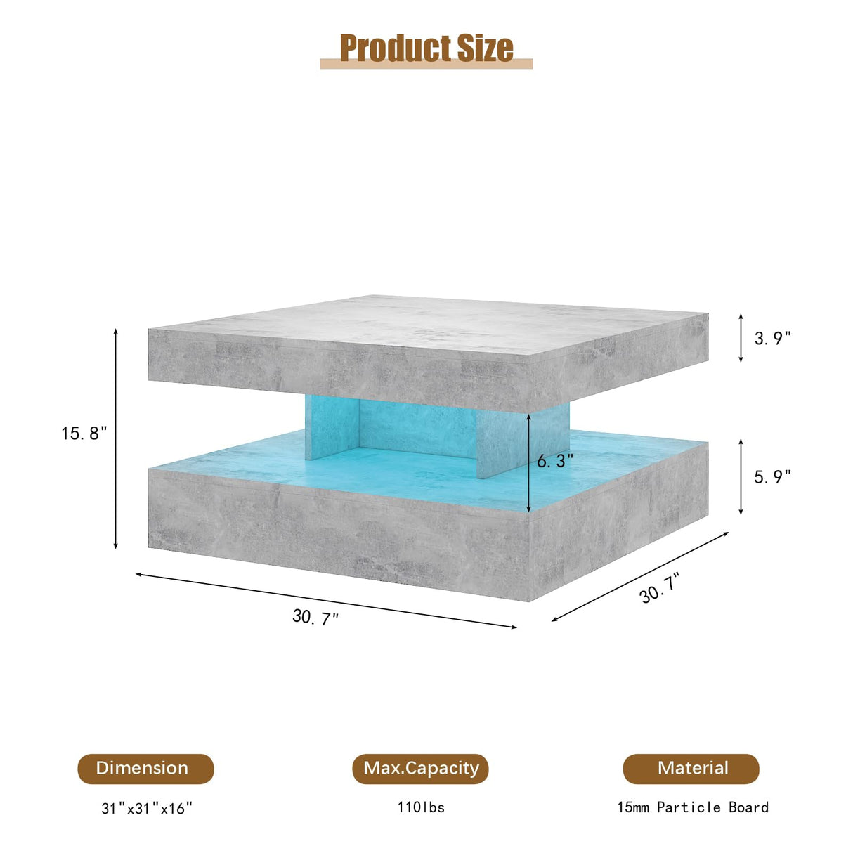 HedoAjim Grey LED Coffee Table for Living Room, Living Room Table 2-Tier Square Middle Center Table, Modern Coffee Tables with Storage, Contemporary Wood Tea Tables for Dining Reception HedoAjim