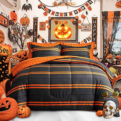Flysheep Boho Striped Halloween Bed in a Bag 6 Pieces Twin Size, Ombre Bright Orange Stripes on Black Comforter Sheet Set (1 Comforter, 1 Flat Sheet, 1 Fitted Sheet, 2 Pillow Shams, 1 Pillowcase) Flysheep