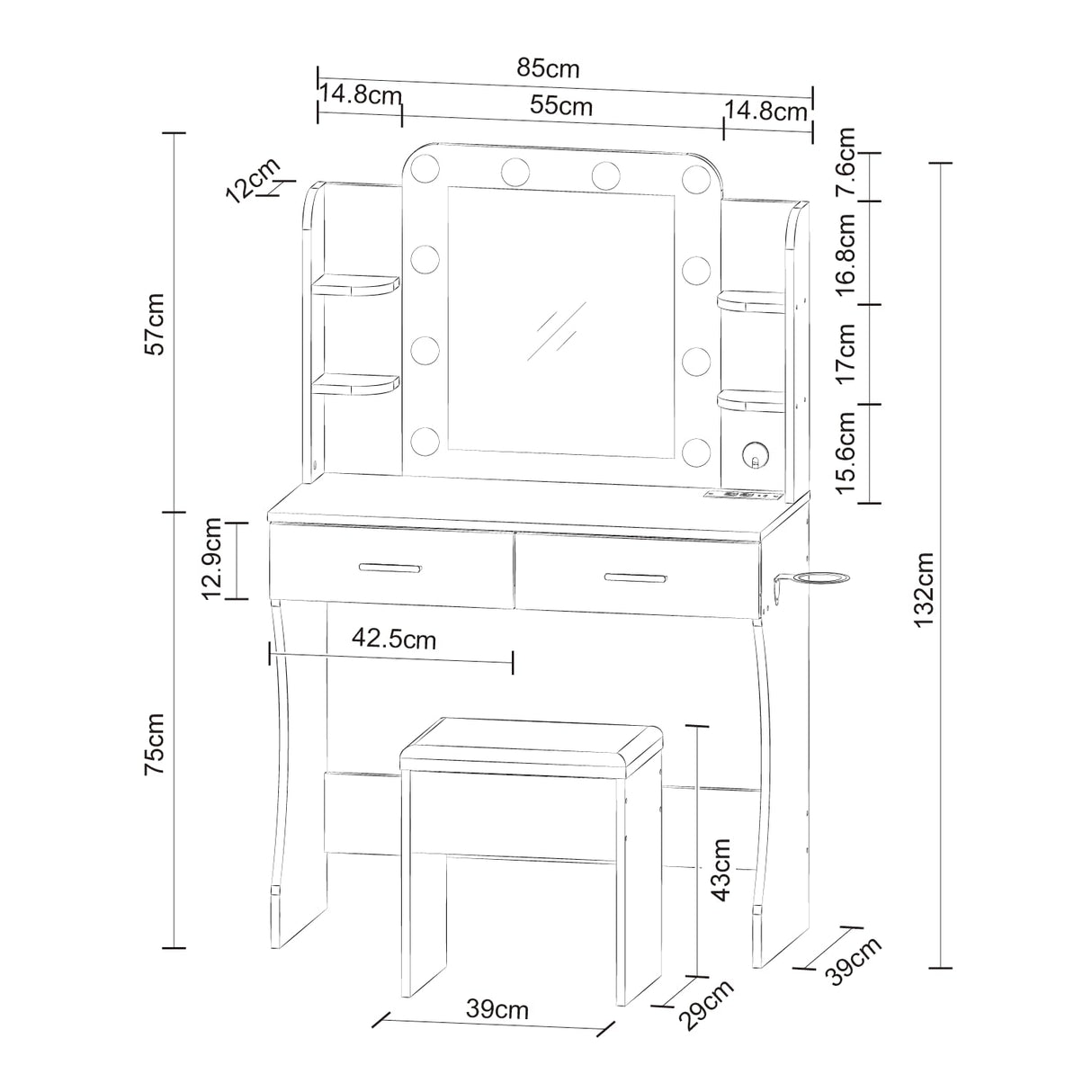 Vanity Desk Set with Mirror, LED Lights and Power Outlet Makeup Table with 2 Large Drawers and Round Holder, Dressing Table with Cushioned Stool for Bedroom, Dressing Room (White) Panana