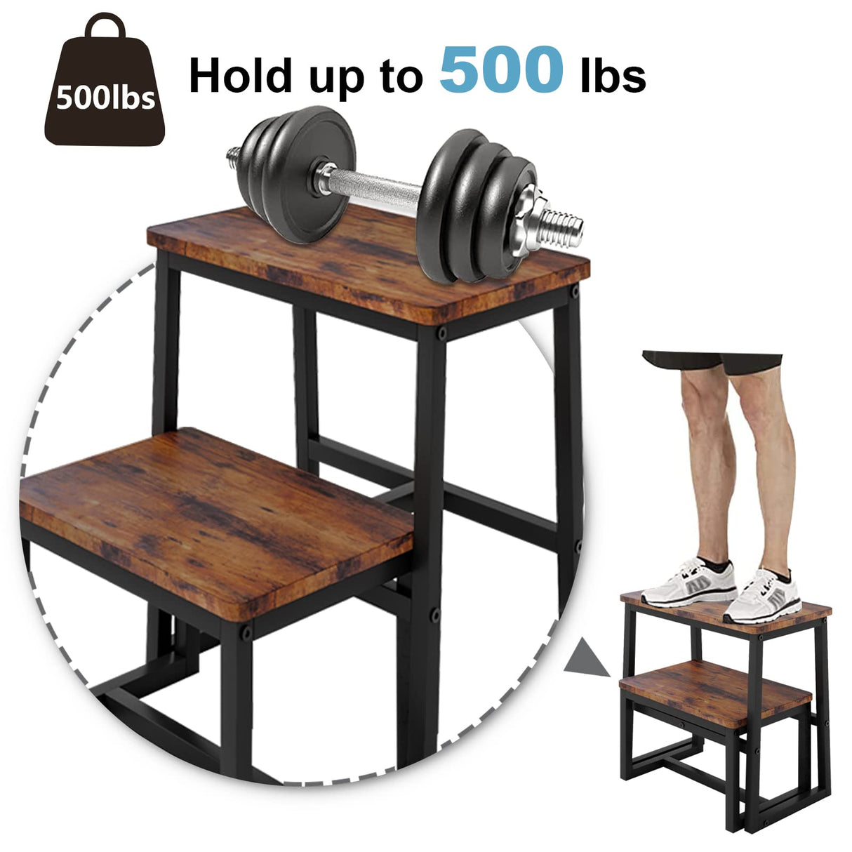 iTsst Step Stool for Adults & Kids,Holds up to 500Lb,3 in1 Heavy Duty Sturdy Wooden 2 Stepstool for Kichen/Bathroom/High beds, Metal Frame, Non-Slip Pads iTsst