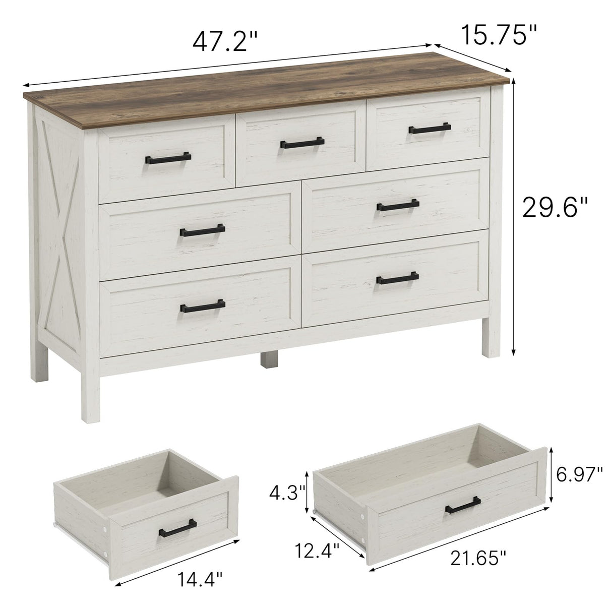 LYNSOM Farmhouse 7 Drawers Dresser for Bedroom, Wood Rustic Wide Chest of Drawers with Deep Drawers, Metal Handle, Storage Dressers Organizer for Entryway, Hallway, Antique White LYNSOM