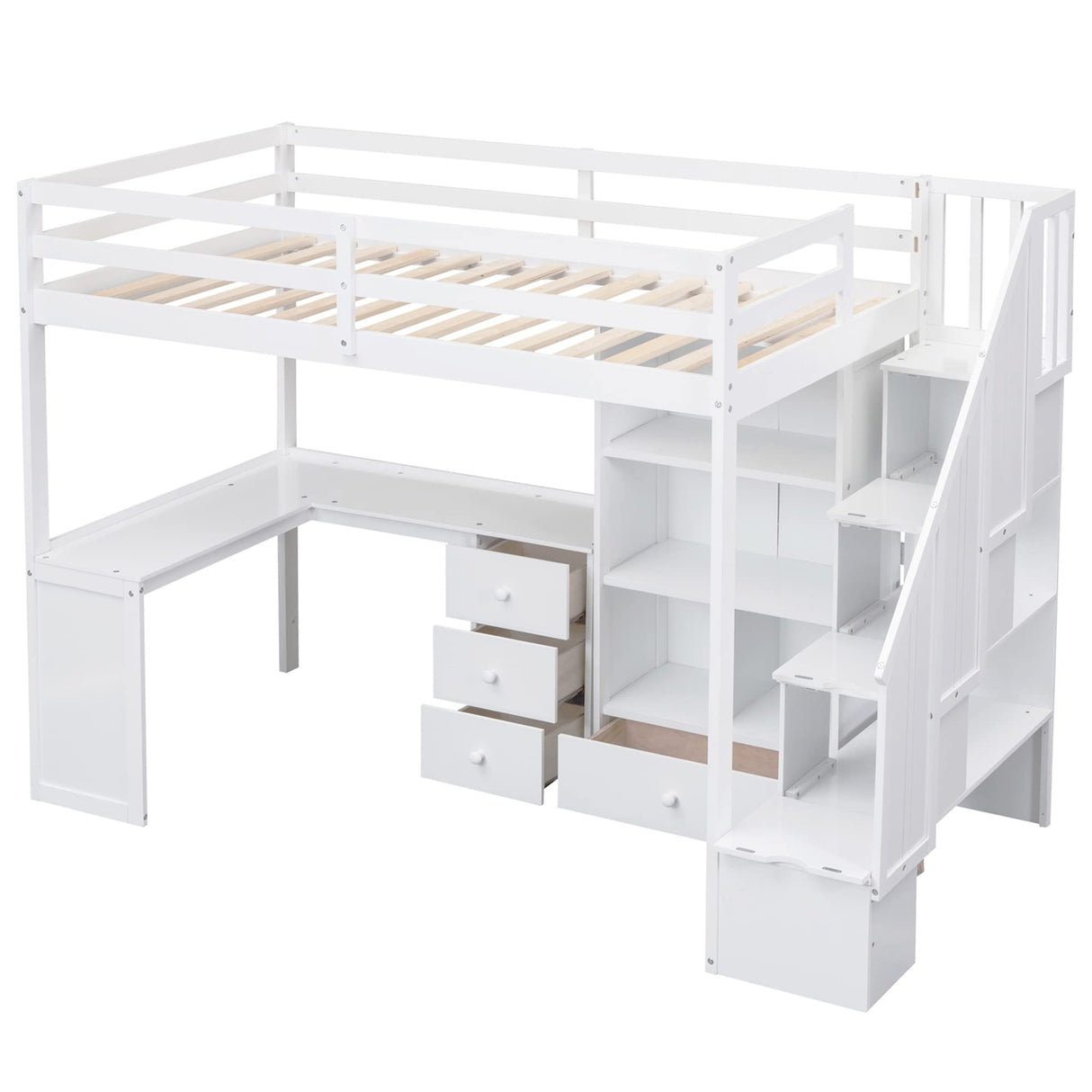 SOFTSEA Multifunctional Twin High Loft Bed with L-Shaped Desk, Bookshelves, and Staircase in Pure White SOFTSEA