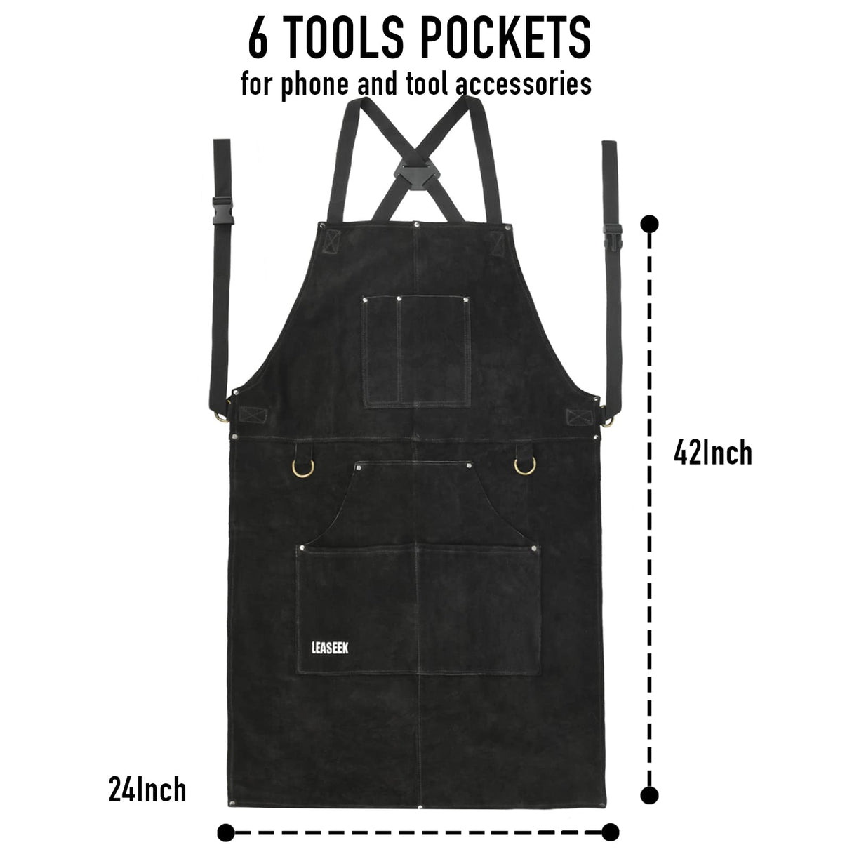 LeaSeek Leather Welding Apron,Heat & Flame-Resistant Heavy Duty Work Apron with 6 Pockets,Woodworking Shop Apron LeaSeek