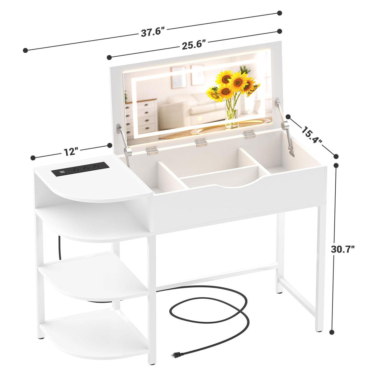 Cyclysio Vanity Desk with Flip Top Mirror and Lights, Makeup Vanity Desk with Drawers, Dressing Table with Storage Shelves & Charging Station, Small Vanity for Small Spaces, White Cyclysio