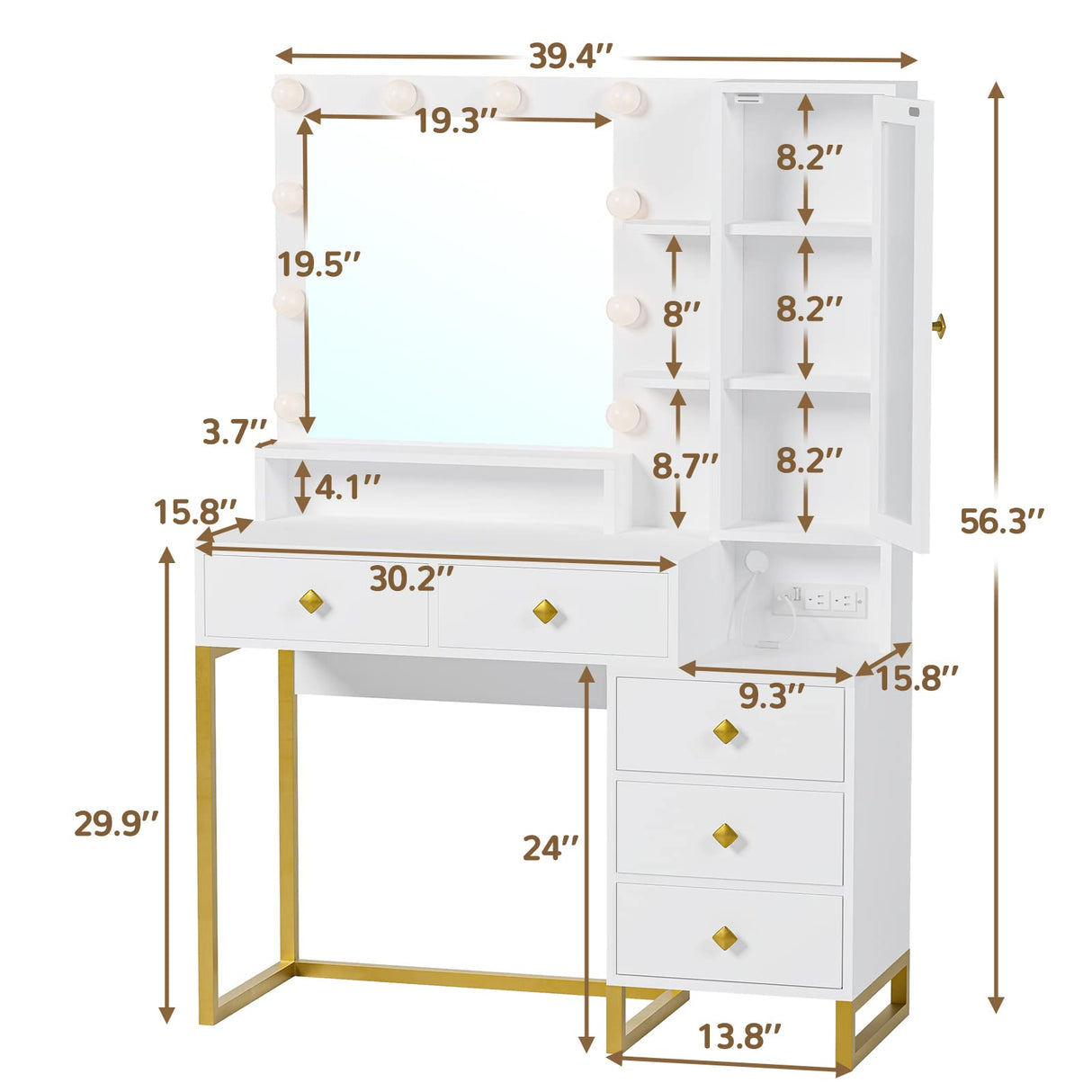 Tiptiper Makeup Vanity with Lights & Charging Station, Large Vanity Desk with Mirror and Lights, Makeup Table with 5 Drawers & Shelves, White and Gold Tiptiper
