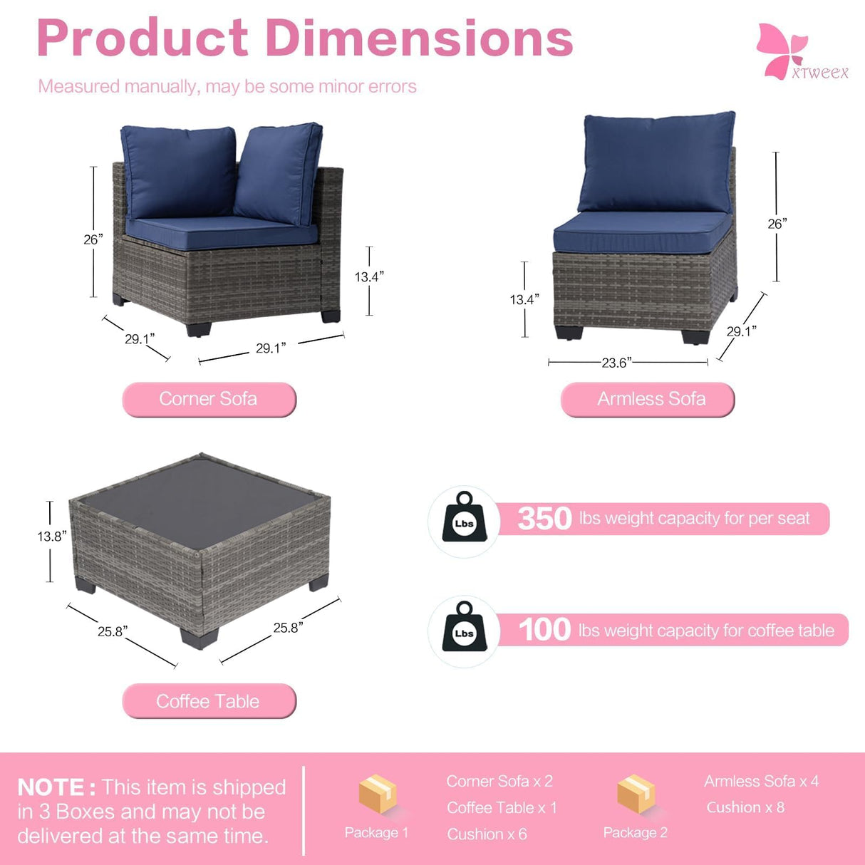 XTWEEX 7-Piece Outdoor Rattan Sectional Sofa Set, Gray Wicker Patio Furniture Sets with Navy Blue Cushions for Balcony, Porch, Backyard XTWEEX