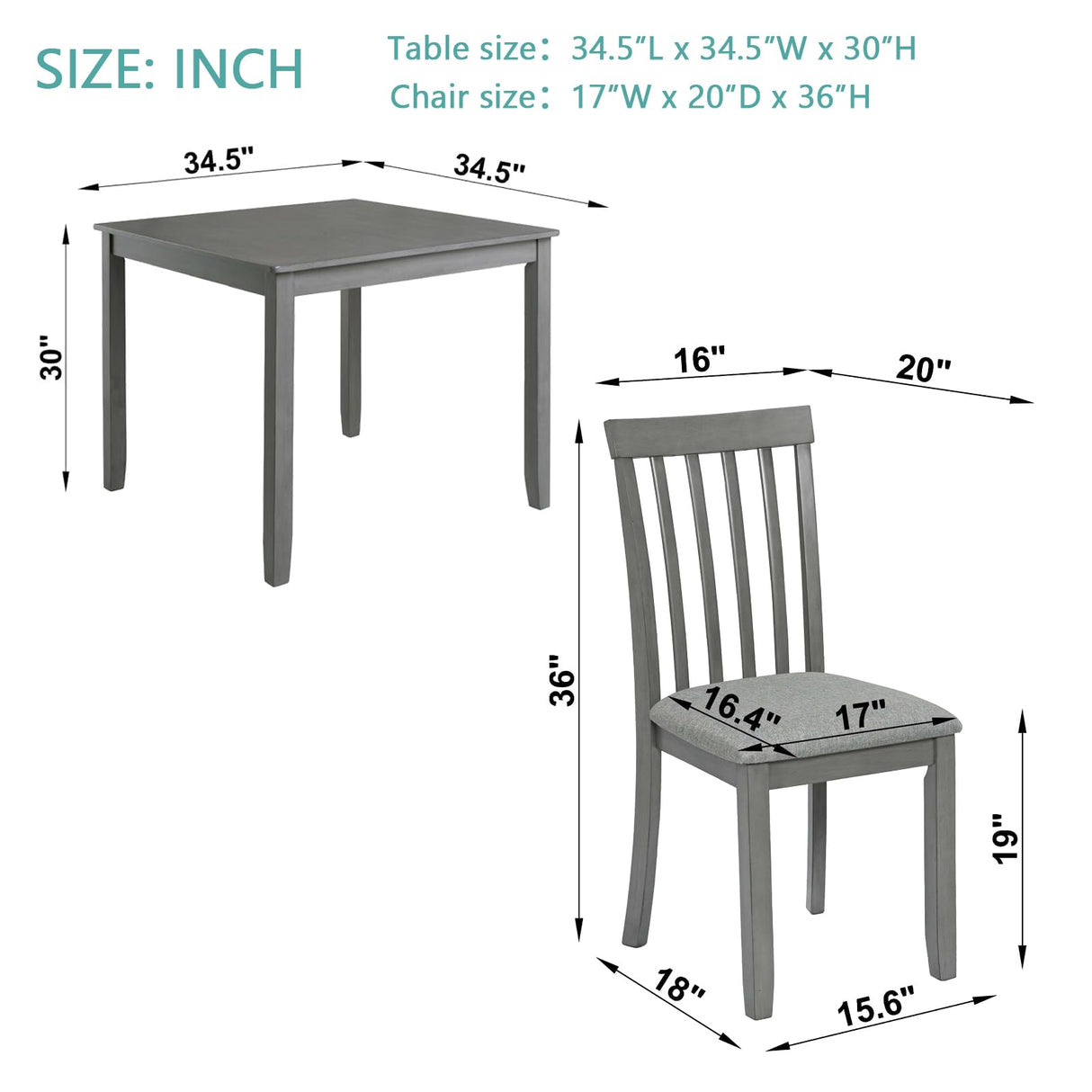 LUMISOL 5 Piece Dining Table Set, Farmhouse Style Kitchen Table Set with a Square Table and 4 Upholstered Chairs, Solid Wood Table and Chairs Set for Kitchen, Dining Room, Grey LUMISOL
