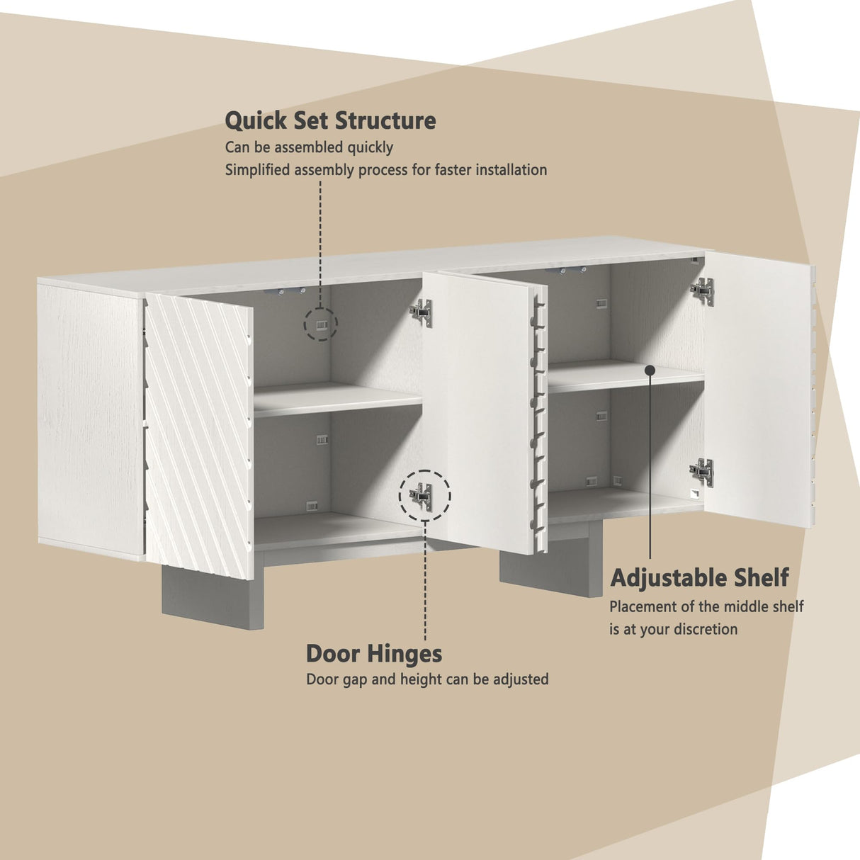 Clihome 63'' Sideboard Buffet Cabinet, 4 Door Console Cabinet with Storage TV Stand Credenza Accent Cabinet Wooden Cabinet with Adjustable Shelf for Bedroom, Living Room, Dining Room, Cream Line Clihome