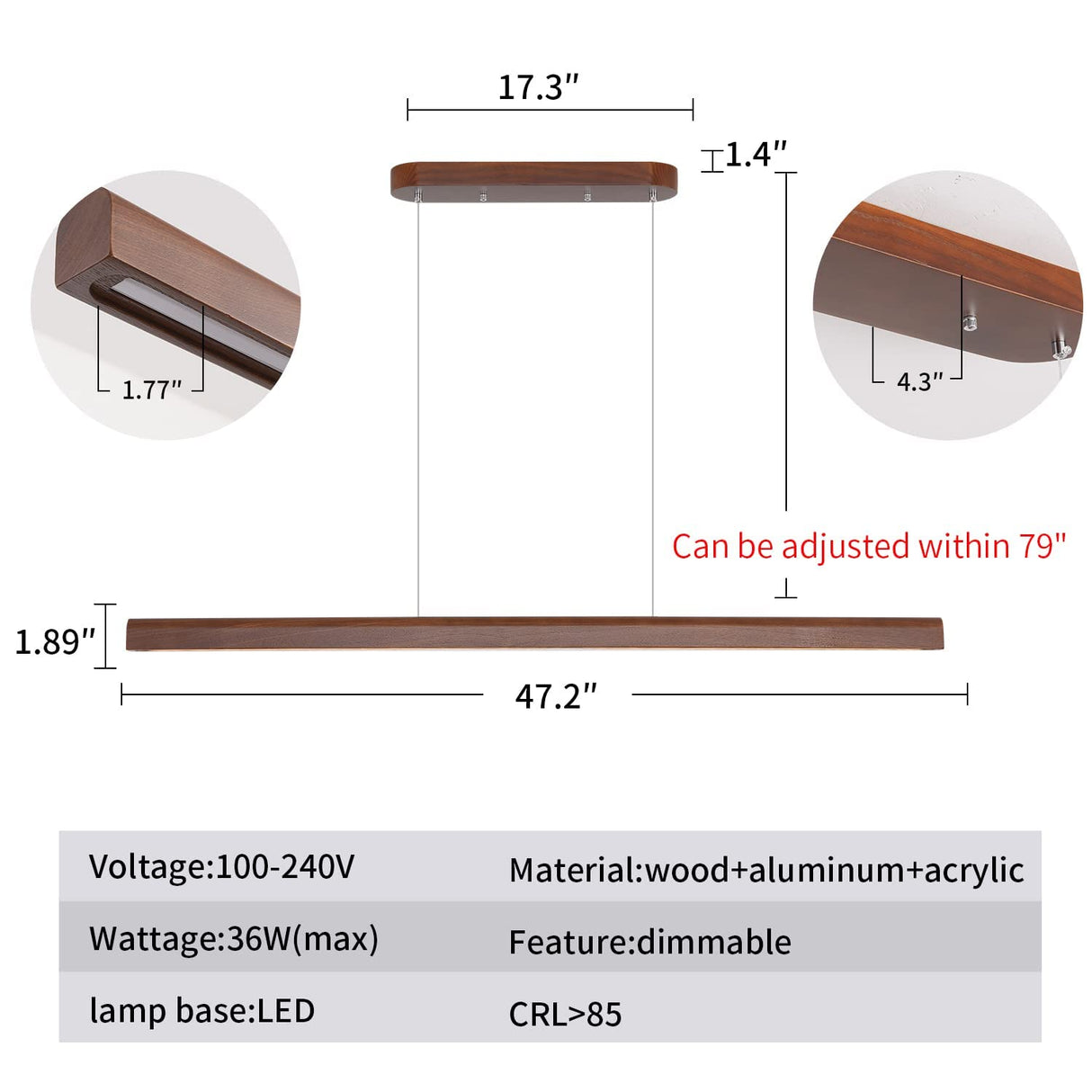 47.2" Wood Linear Pendant Light 34W Led Dimmable Dining Pendant Light Wood Kitchen Island Lights Ceiling Pendant Hanging Light for Dining Room Office studing Walnut Color(Ash Wood) YISDESIGN