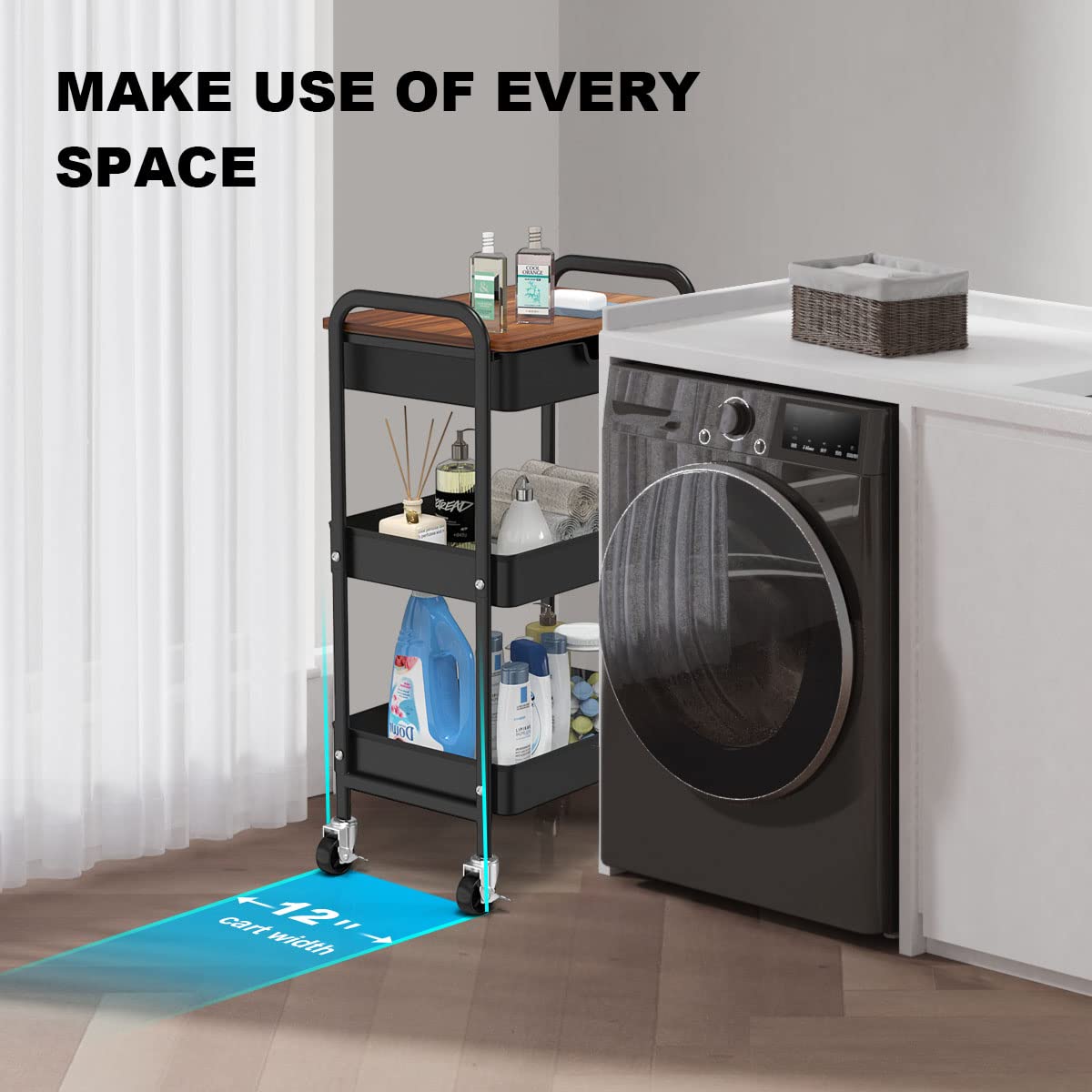 Aratan 3 Tier Rolling Cart with Drawer, Metal Utility Cart on Wheels Storage Cart with Wood Top, Kitchen Cart Art Cart Organizer for Bathroom Office Balcony Living Room Aratan