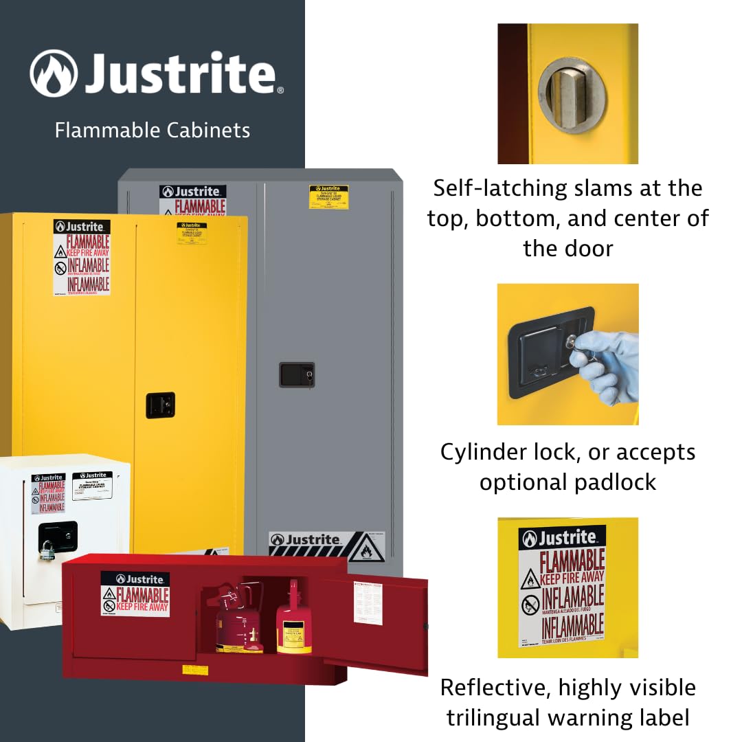 Justrite 45 Gallon Manual Close Flammable Storage Cabinet, 18 Gauge Steel, 2 Shelves, 2 Door Fire Cabinet, 65" x 43" x 18", Made in The USA, Yellow, 894500 Justrite