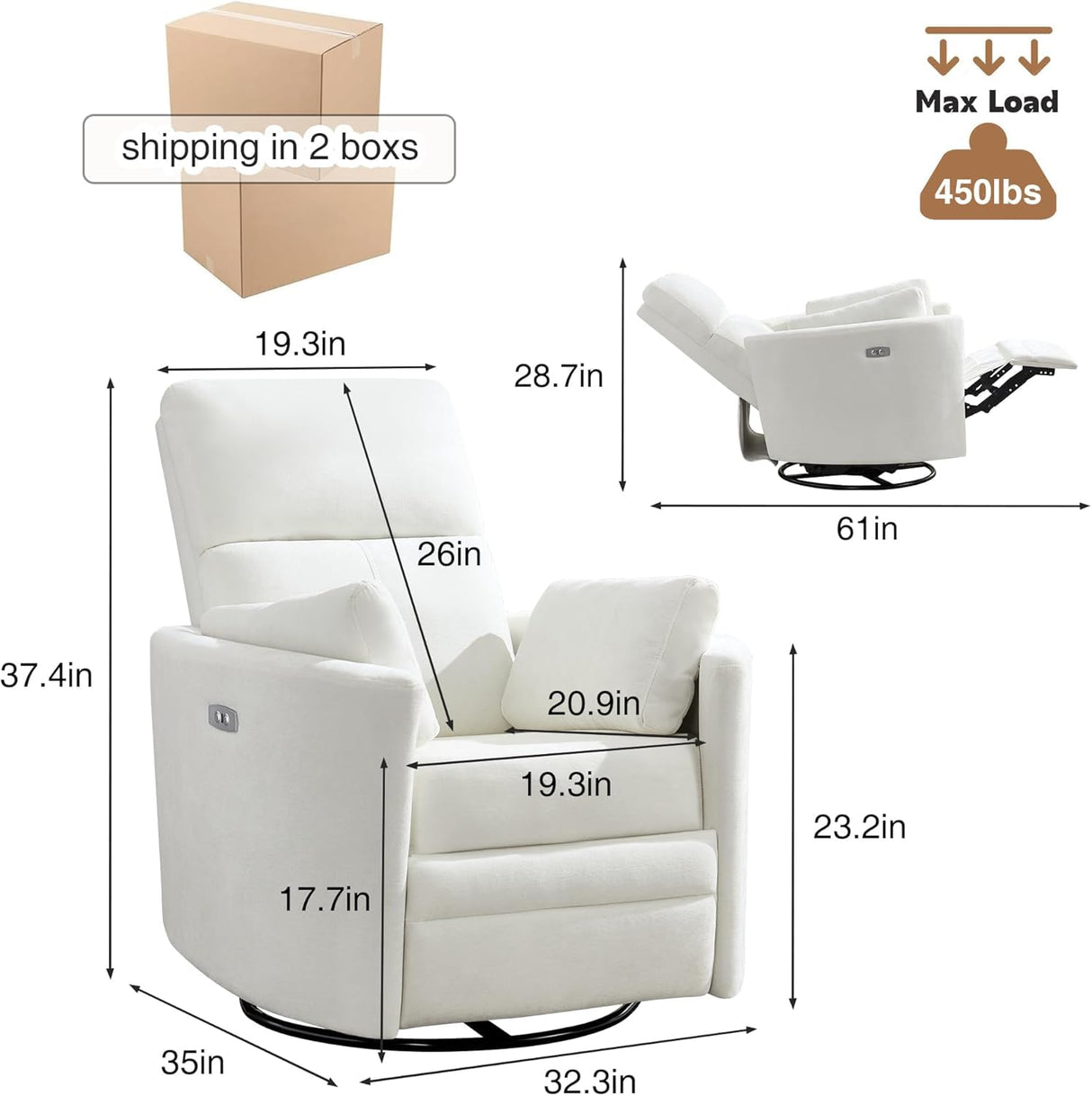 Power Recliner Swivel Glider Rocker Recliner Chair Nursery Rocking Chair Upholstered Adult Rocking Chair with 2 Pillows for Living Room Bedroom(White, Power-Driven) choairy
